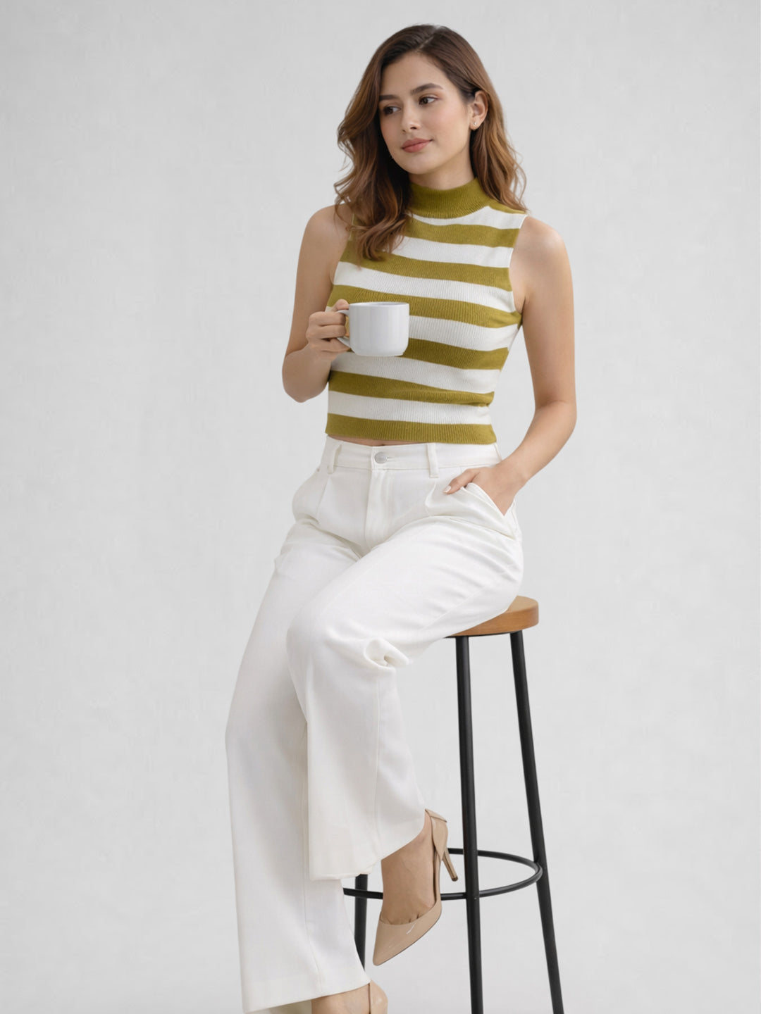 Women Cotton Striped High Neck Sleeveless Crop Top – Olive Green