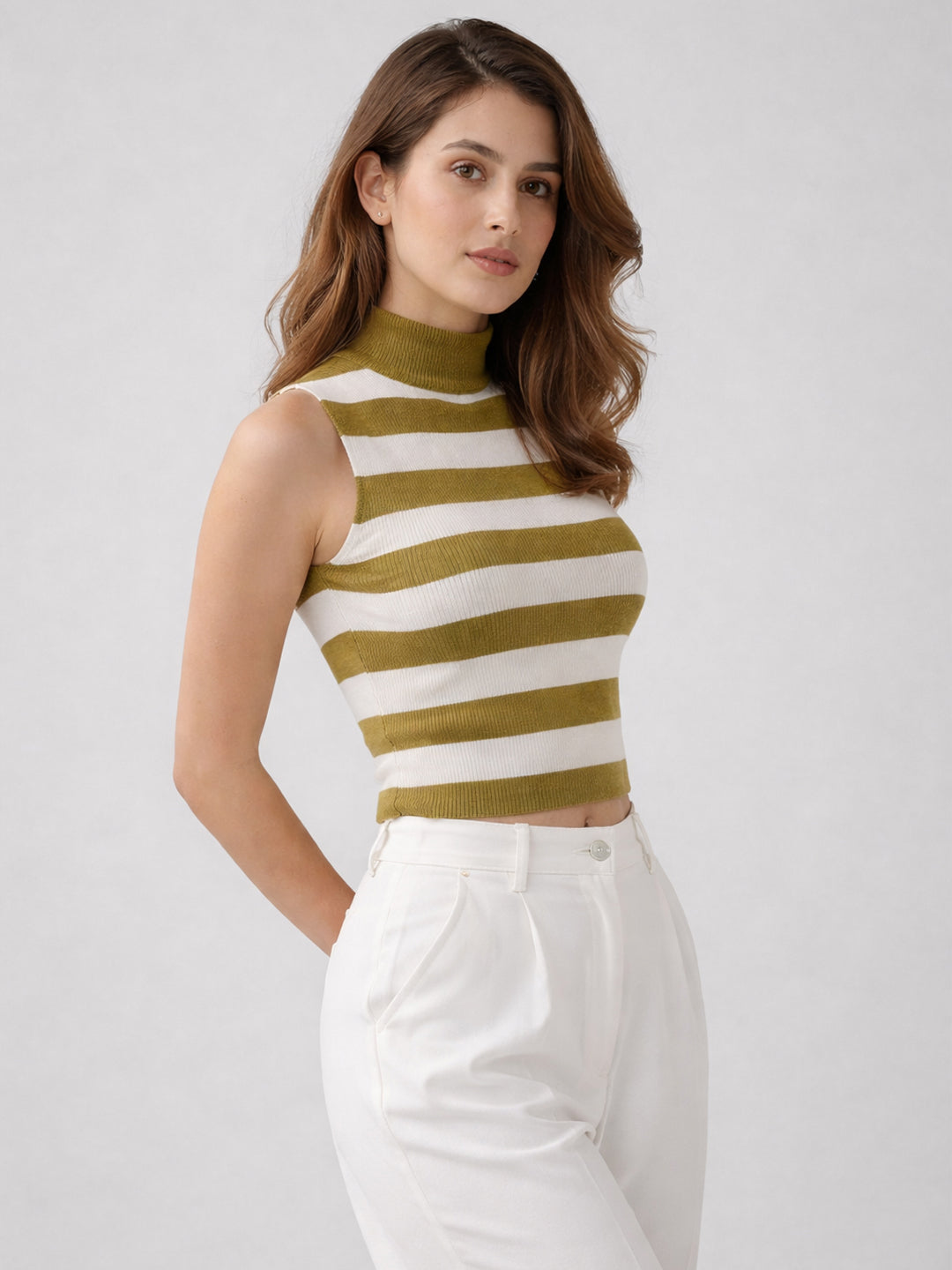 Women Cotton Striped High Neck Sleeveless Crop Top – Olive Green