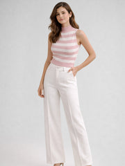 Women Cotton Striped High Neck Sleeveless Crop Top – Pink