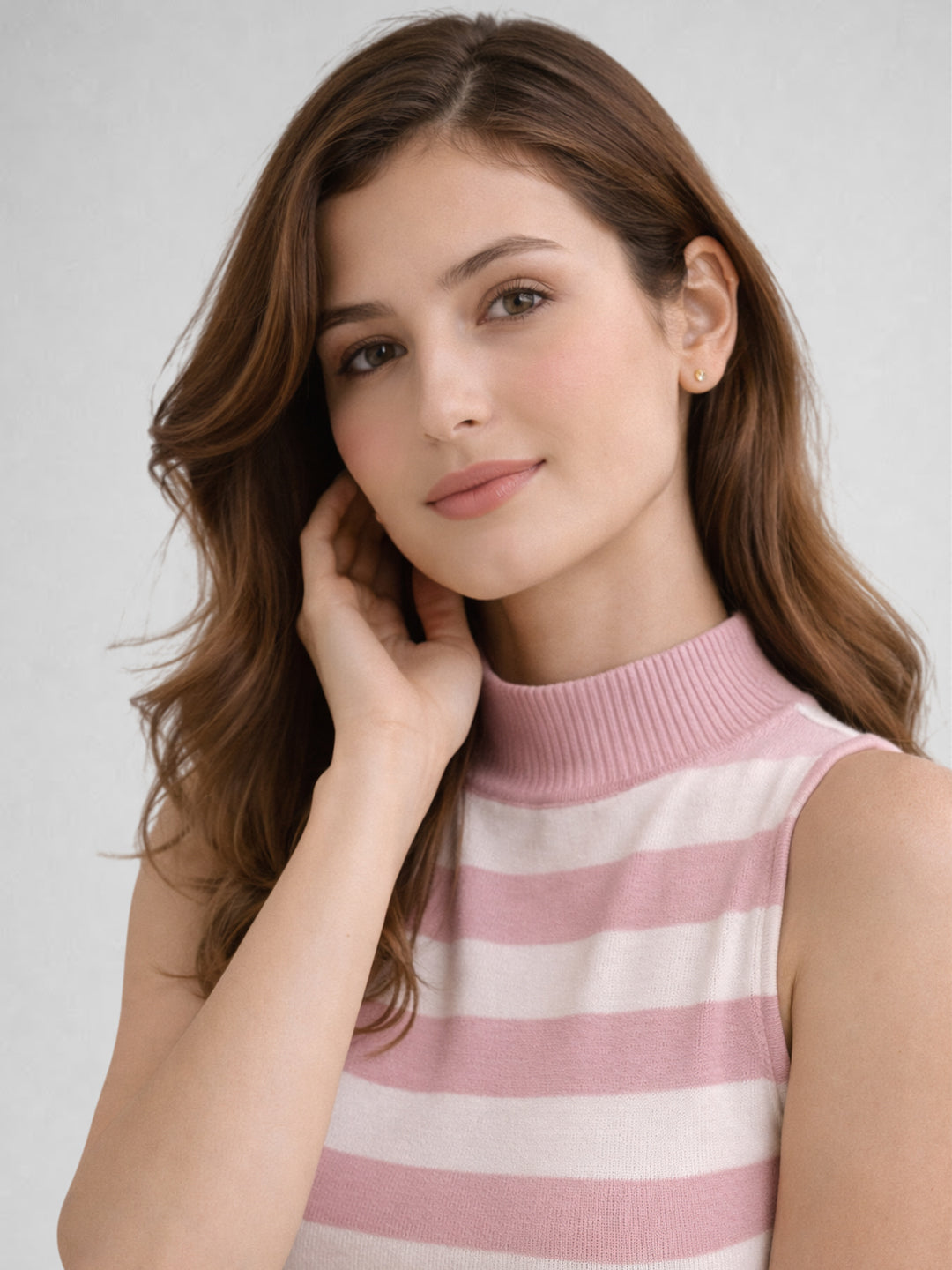Women Cotton Striped High Neck Sleeveless Crop Top – Pink