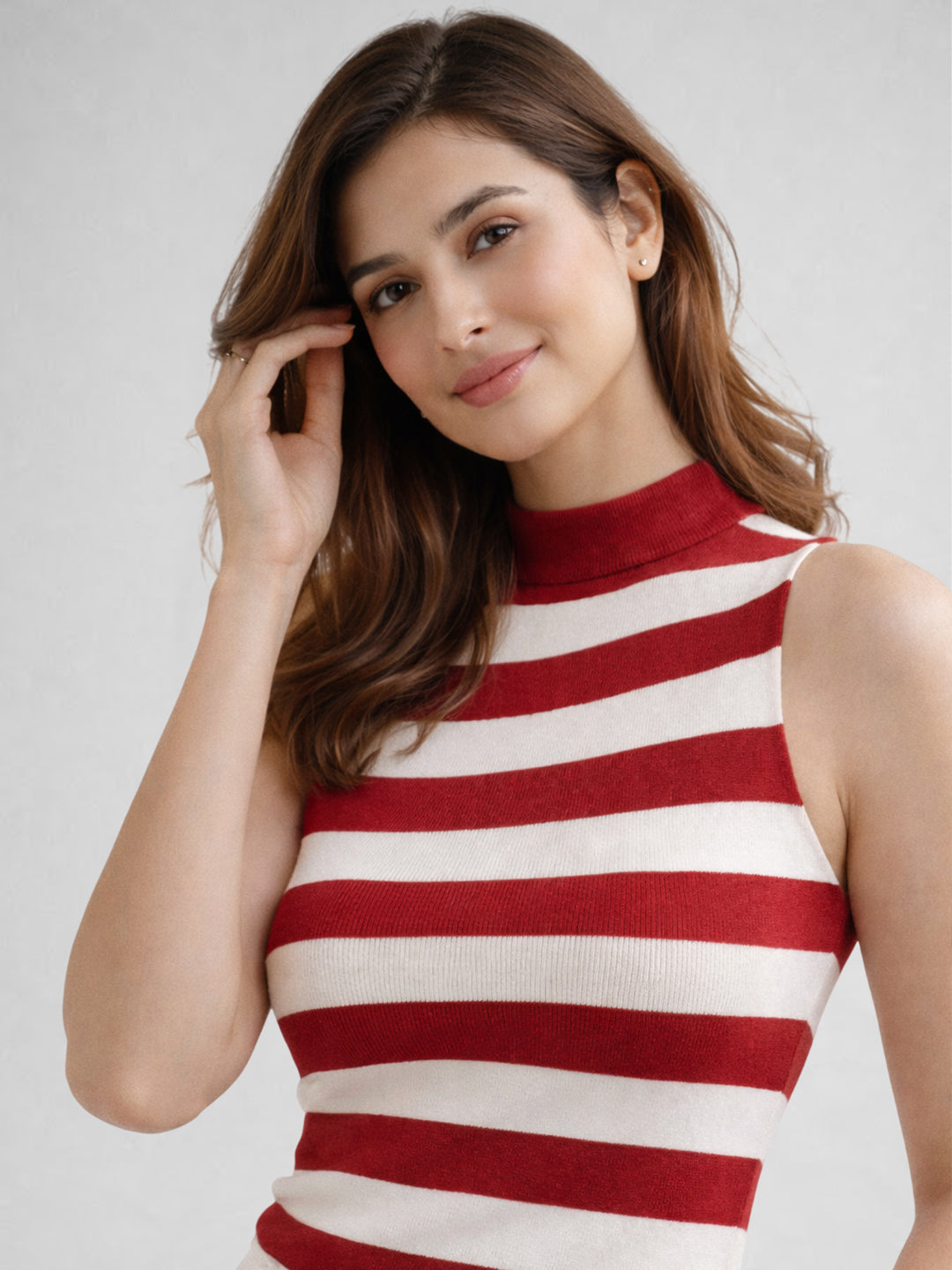 Women Cotton Striped High Neck Sleeveless Crop Top – Red