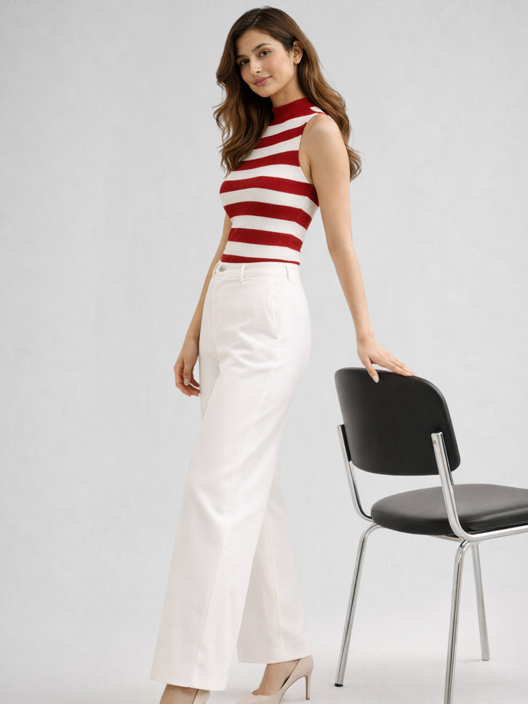 Women Cotton Striped High Neck Sleeveless Crop Top – Red