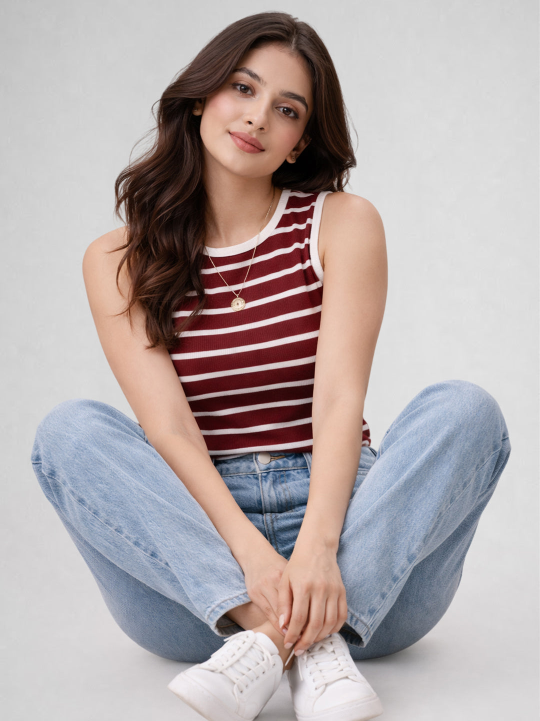 Women Cotton Striped Sleeveless Tank Top – Red