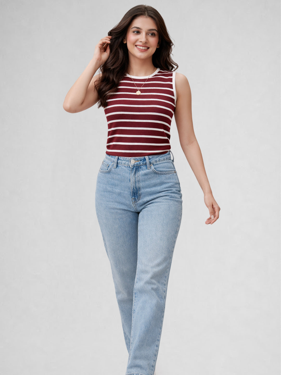 Women Cotton Striped Sleeveless Tank Top – Red