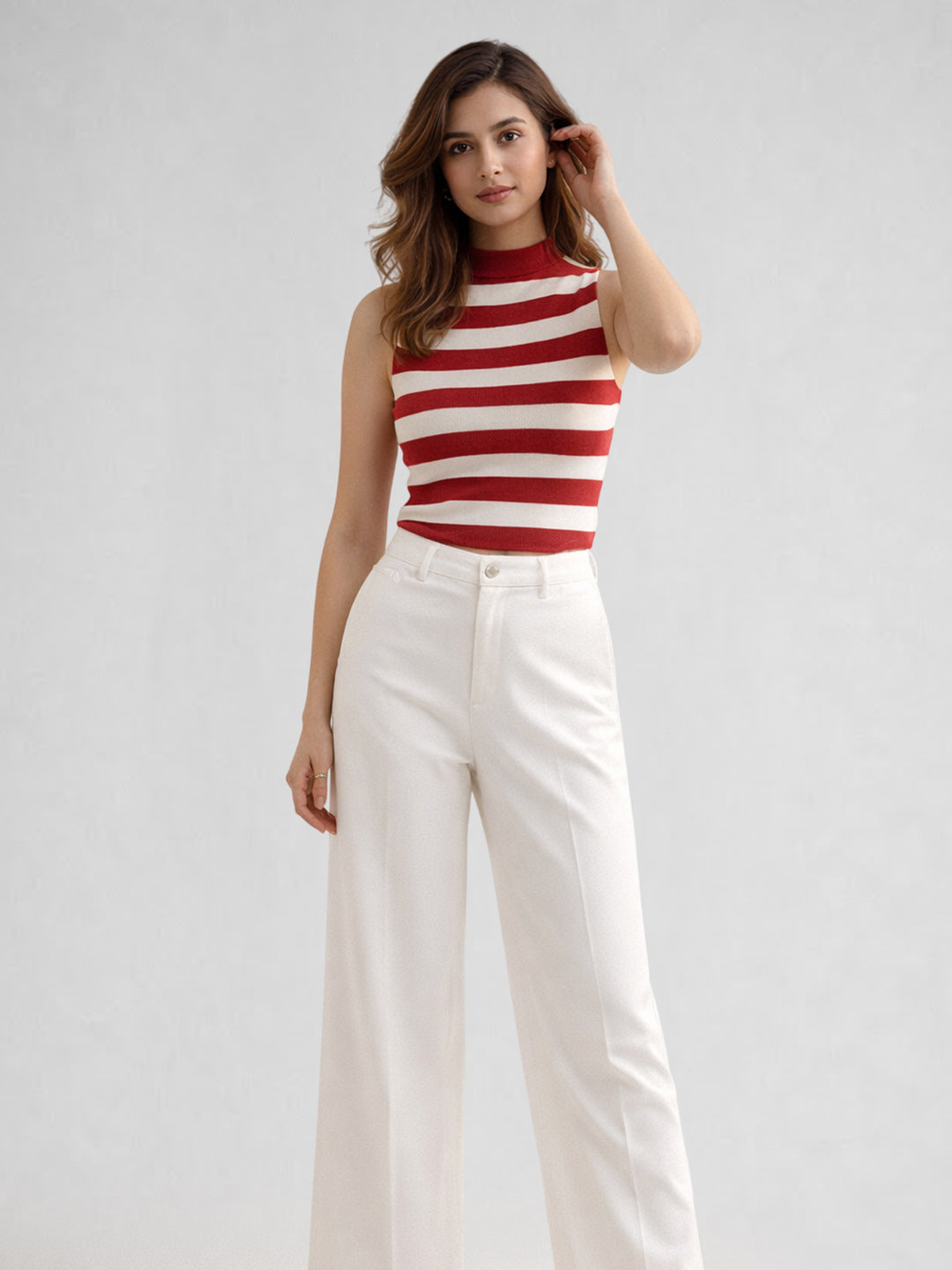 Women Cotton Striped High Neck Sleeveless Crop Top – Red