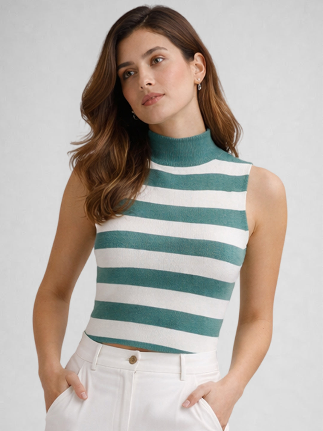 Women Cotton Striped High Neck Sleeveless Crop Top – Teal