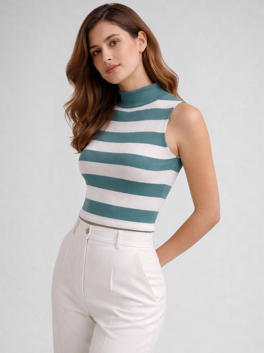 Women Cotton Striped High Neck Sleeveless Crop Top – Teal