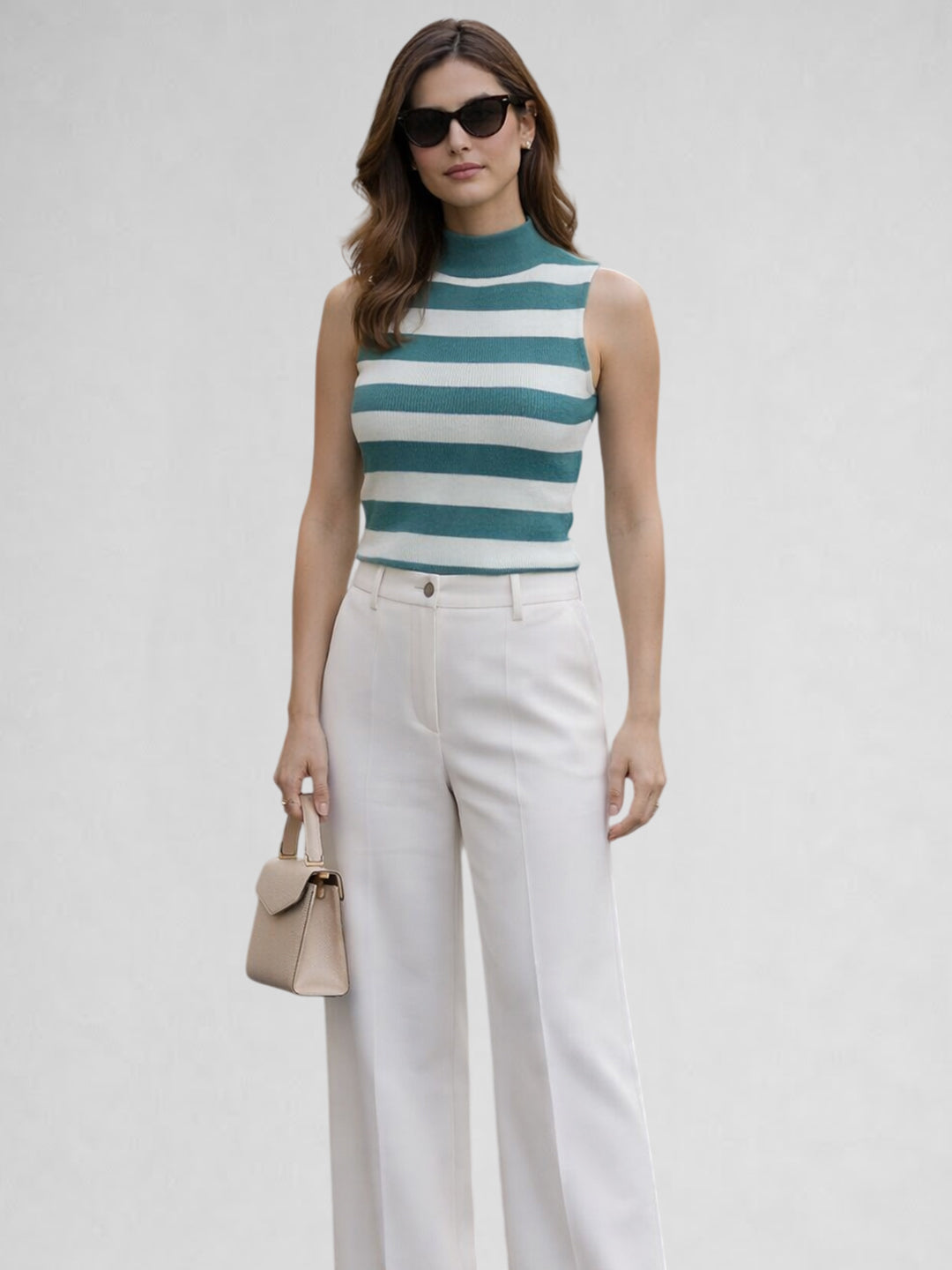 Women Cotton Striped High Neck Sleeveless Crop Top – Teal