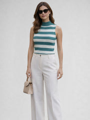 Women Cotton Striped High Neck Sleeveless Crop Top – Teal