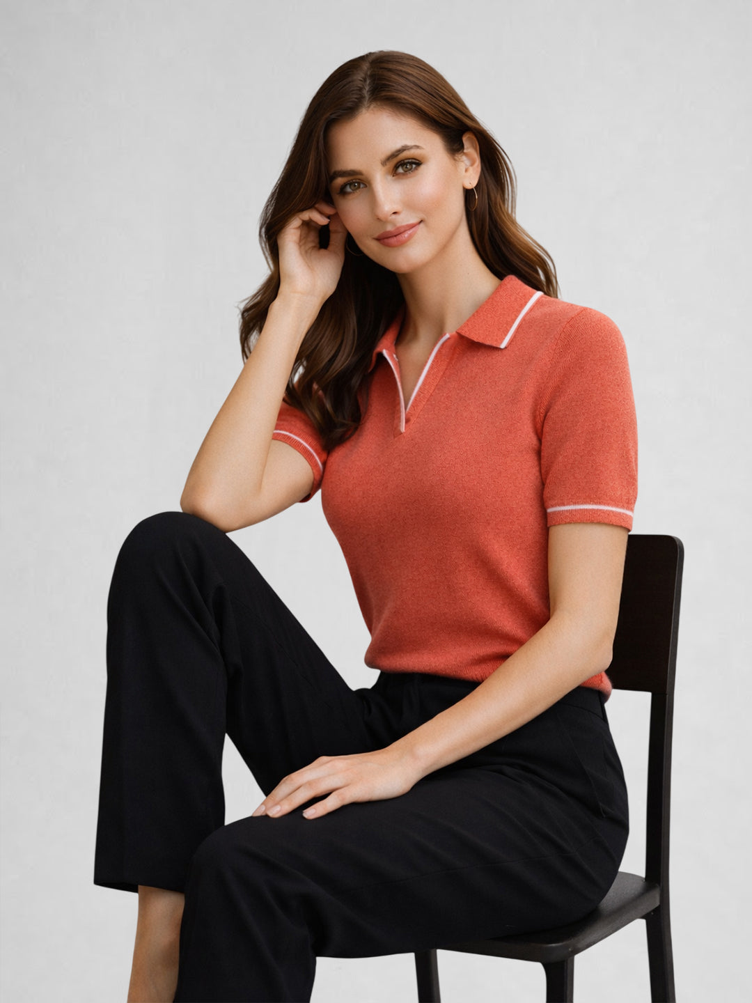 Women Solid Polo Collar Short Sleeve T-Shirt – Coral Pink