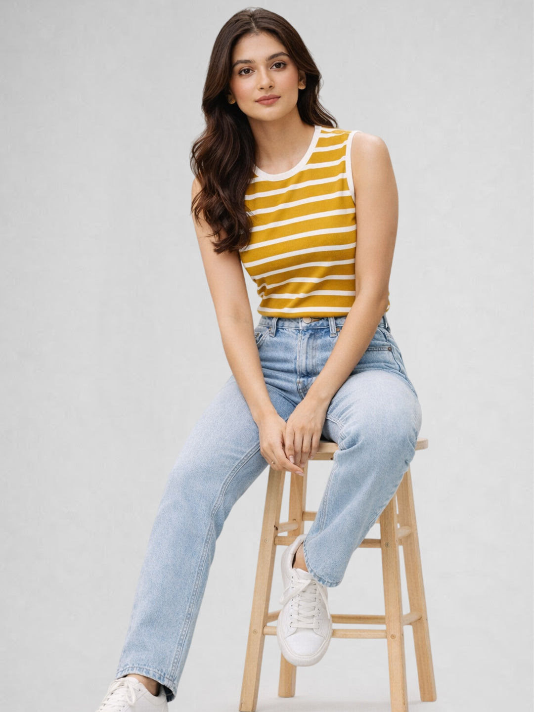 Women Cotton Striped Sleeveless Tank Top – Yellow
