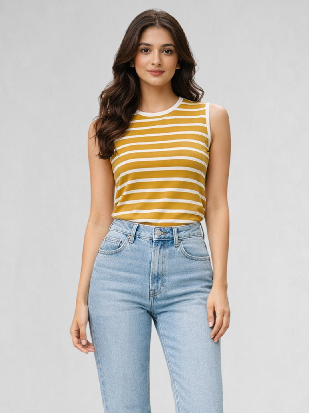 Women Cotton Striped Sleeveless Tank Top – Yellow
