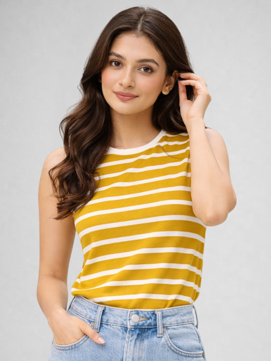 Women Cotton Striped Sleeveless Tank Top – Yellow